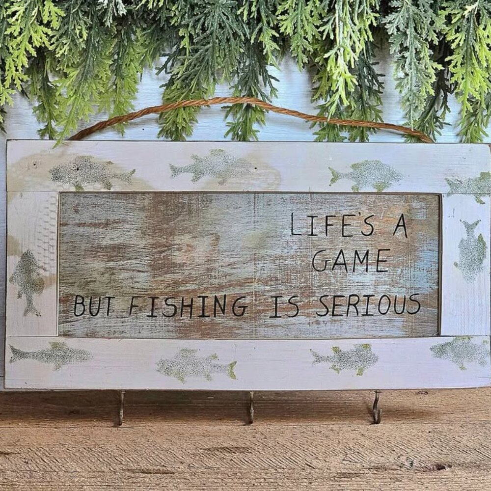 Life's a Game but Fishing is Serious Key Hook Wall Hanging Fish Cabin Decor